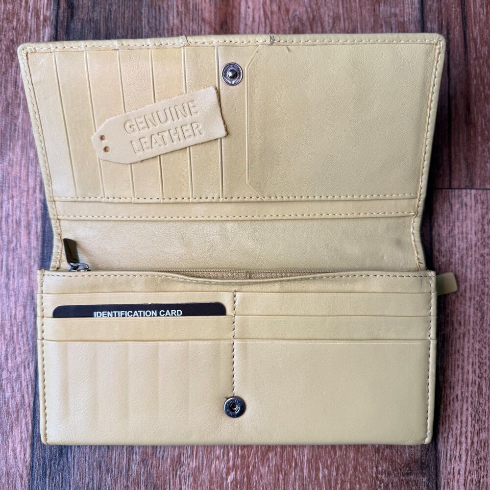 Genuine Leather Continental Wallet Pale Yellow Braided Detail Bifold Lined NWOT